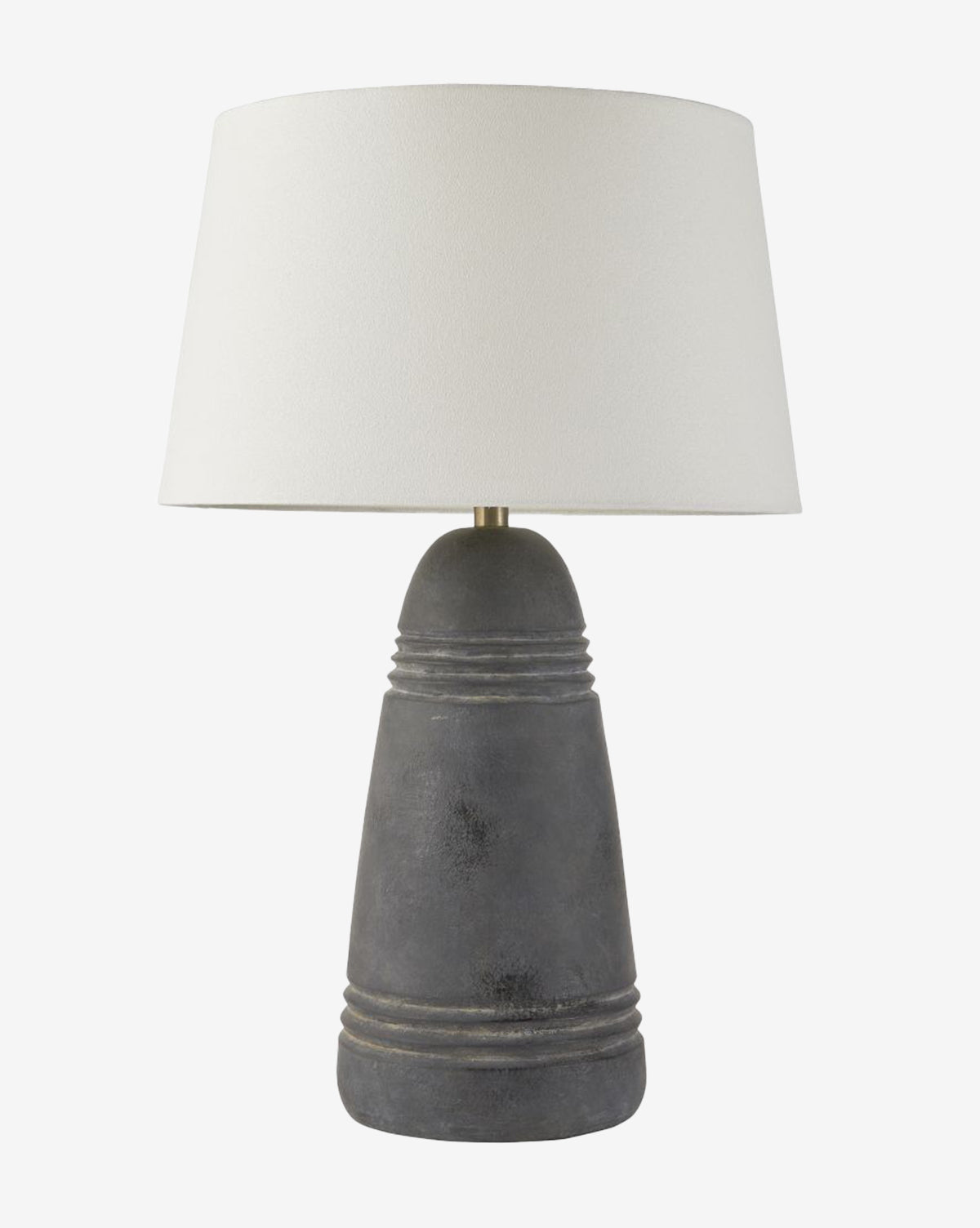 The Arteriors Django Table Lamp showcases a textured dark gray ceramic base with horizontal grooves and a wide white linen shade, bringing modern minimalist style and sophistication to any space, McGee & Co.