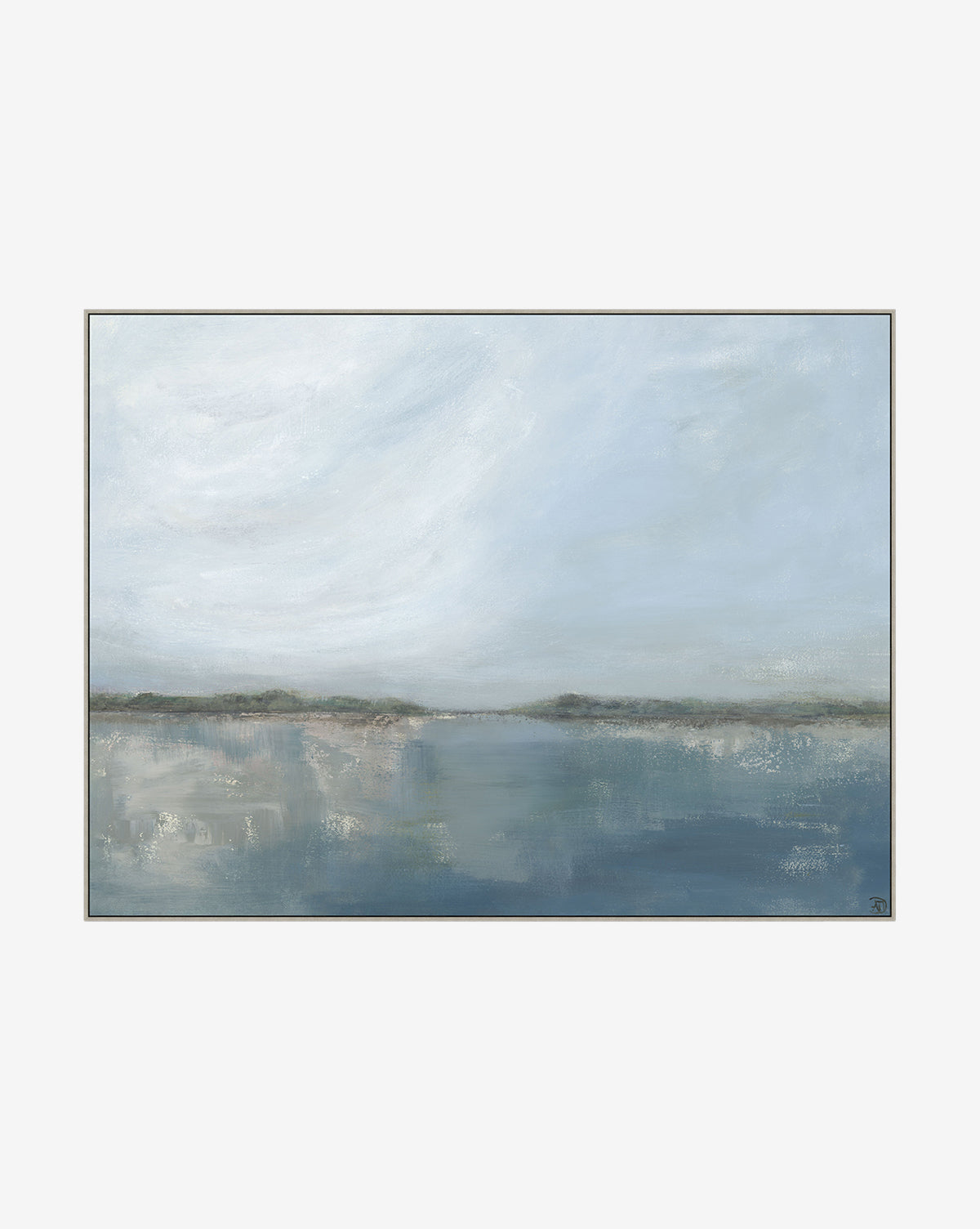 Dock View is an abstract painting featuring a calm blue lake, distant dark landforms, and a cloudy sky. Soft brushstrokes evoke serenity, capturing the tranquil essence of this peaceful waterside scene, by McGee & Co.