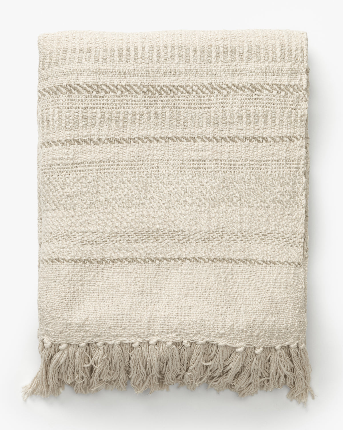 The Donahue Striped Throw by ILA HOME FASHIONS is a beige, hand-woven blanket with subtle textured patterns and fringe tassels along the bottom edge, shown folded on a white background. McGee & Co.
