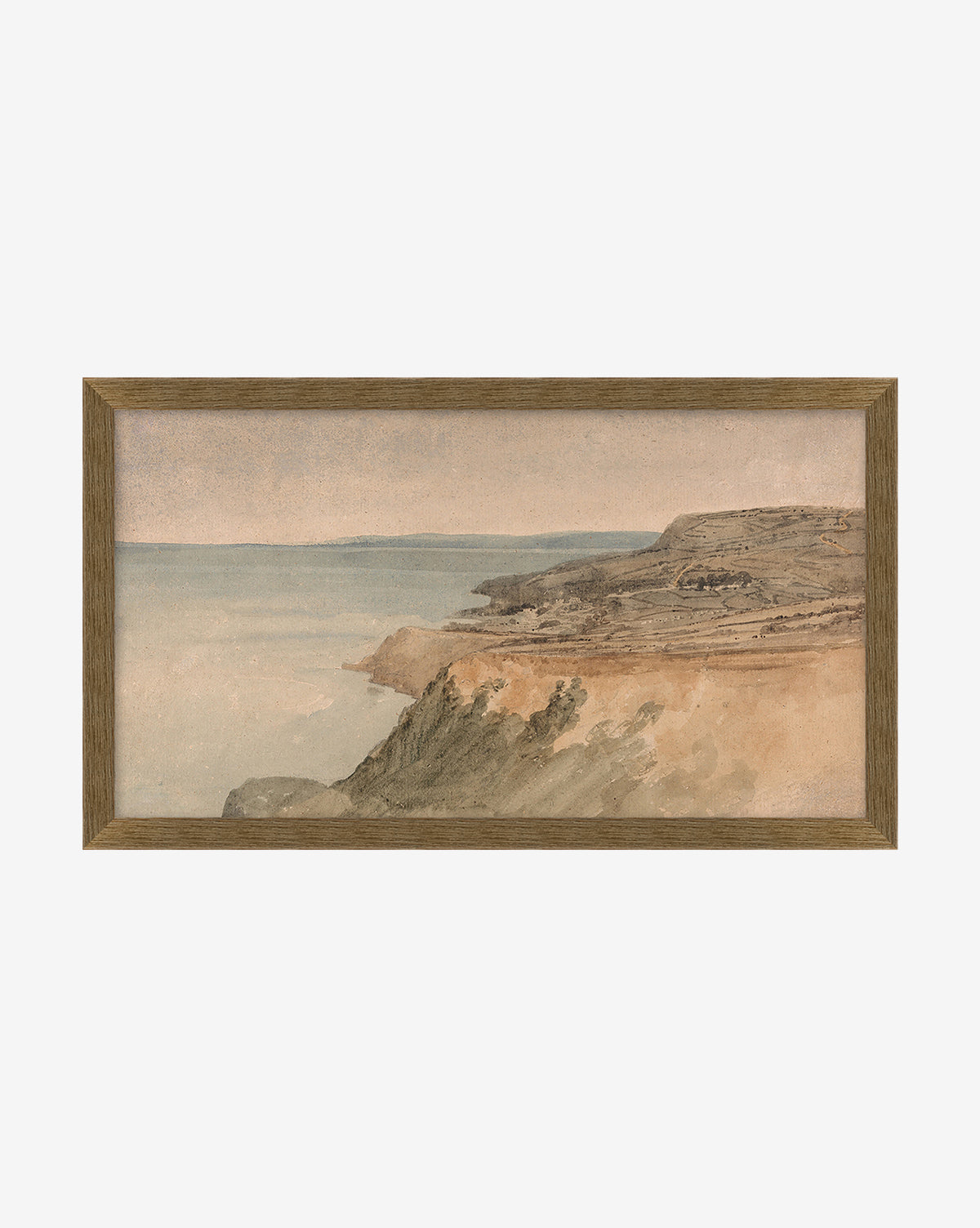 Dorset is a framed watercolor painting with a vintage style, showing rocky Dorset cliffs meeting a calm sea under a pastel sky. Earthy, gentle hues create peaceful wall art for a serene ambiance.
