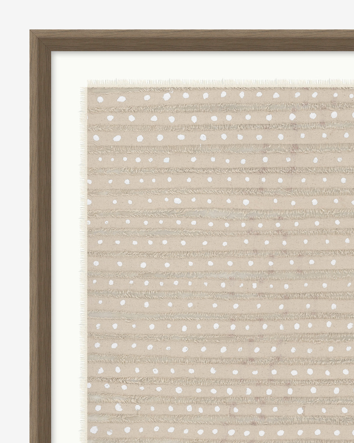 Dotted Textures: Framed artwork with beige fabric, horizontal stitched lines, and small white dots for a simple textural look. Set in a dark walnut wood frame with a white matte border.