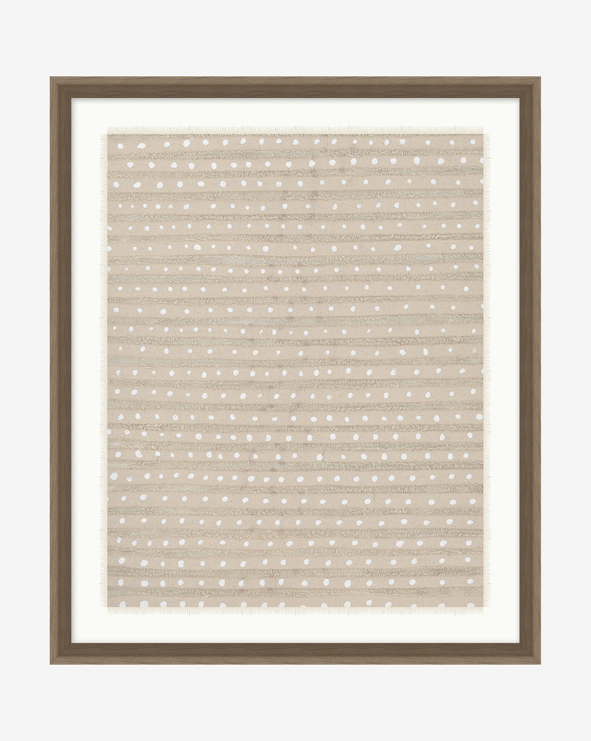 Dotted Textures is a framed art piece with a beige background and rows of irregular white dots in a minimalist pattern, finished with an elegant dark walnut grain wood frame.