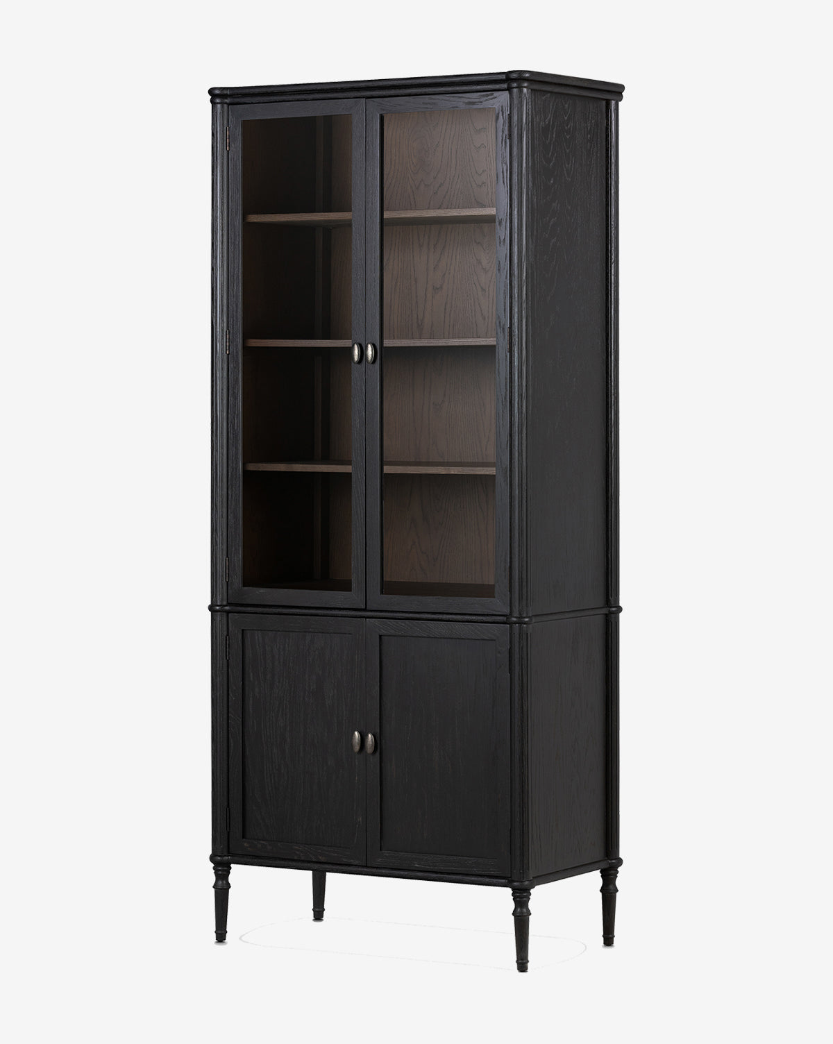 The Draven Cabinet is a tall, distressed black piece featuring two upper glass doors with three display shelves and two lower solid doors for enclosed storage, by McGee & Co.