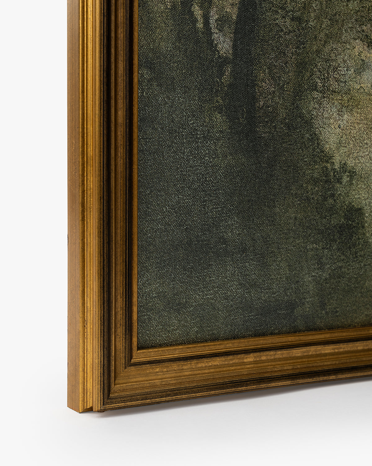 A close-up of the bottom left corner of Dream State shows its textured museum-quality canvas and a wooden gold-colored frame with beveled edges against a white background, by McGee & Co.