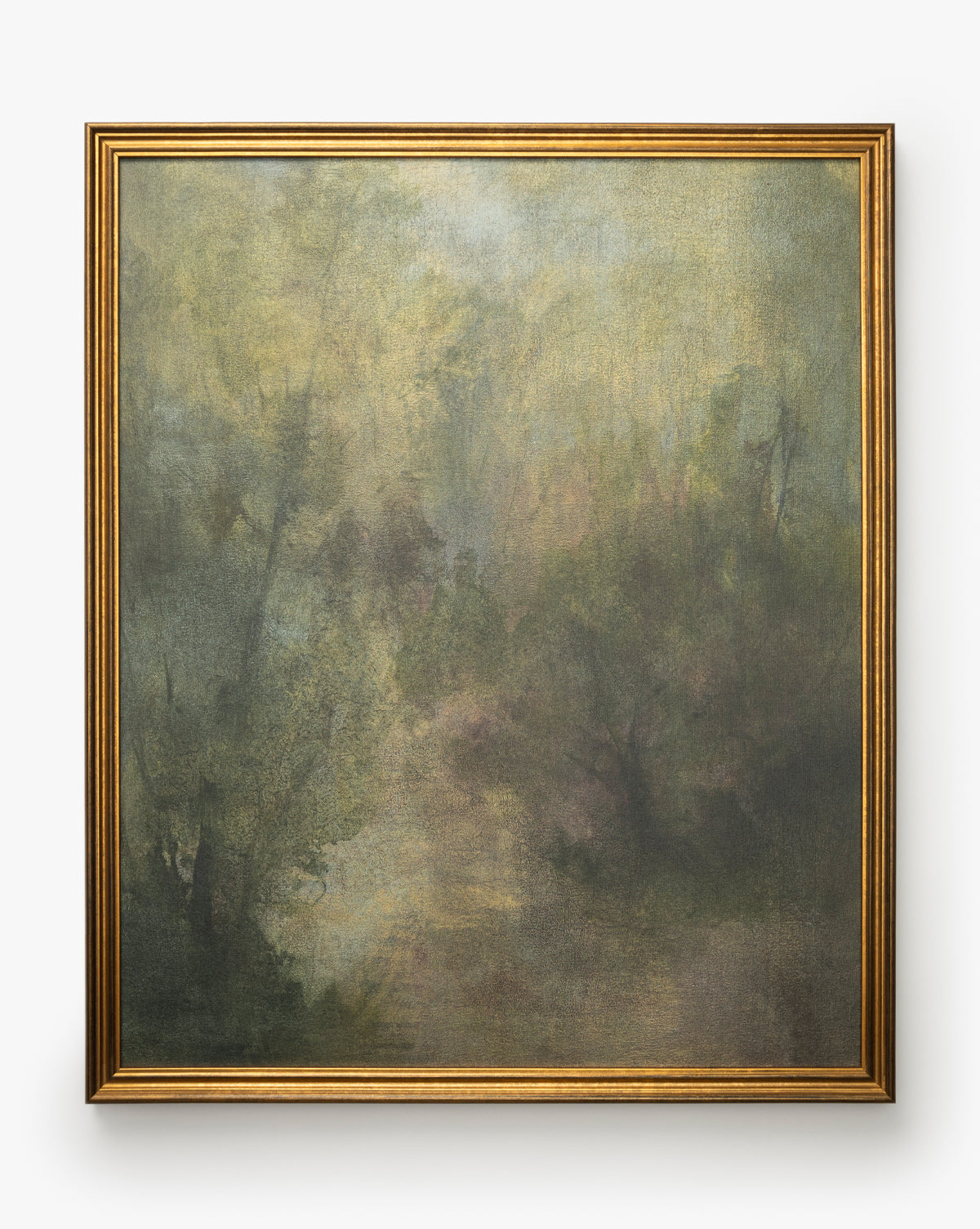 Dream State is a framed, expressive artwork featuring a foggy, impressionistic landscape in muted green, yellow, and brown tones. Blurred trees and foliage evoke a serene yet mysterious mood on museum-quality canvas, by McGee & Co.