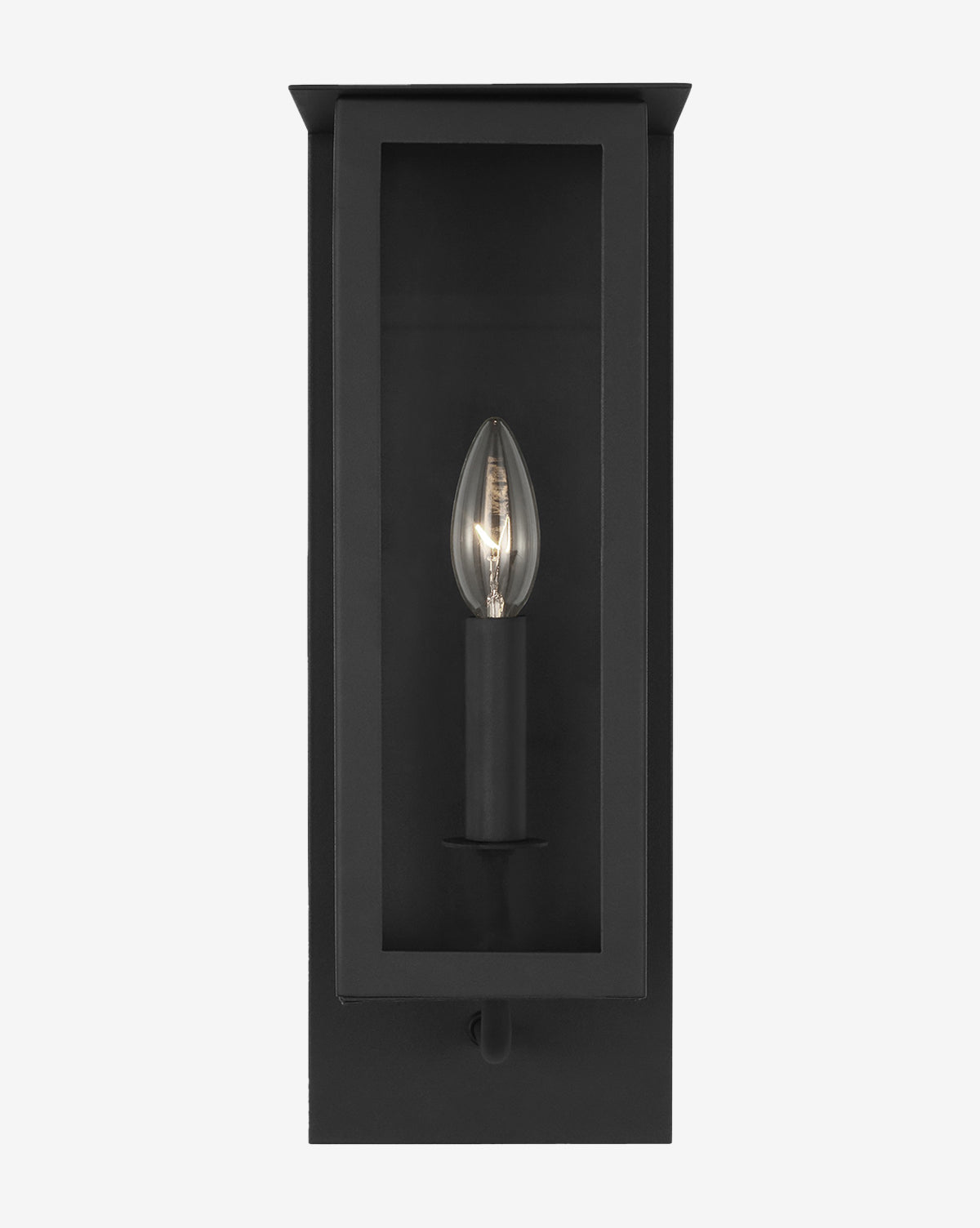 The Dresden Outdoor Lantern is a modern black wall sconce with a rectangular frame, glass front, and a central exposed bulb in a candle-style holder inspired by classic outdoor lanterns, by McGee & Co.