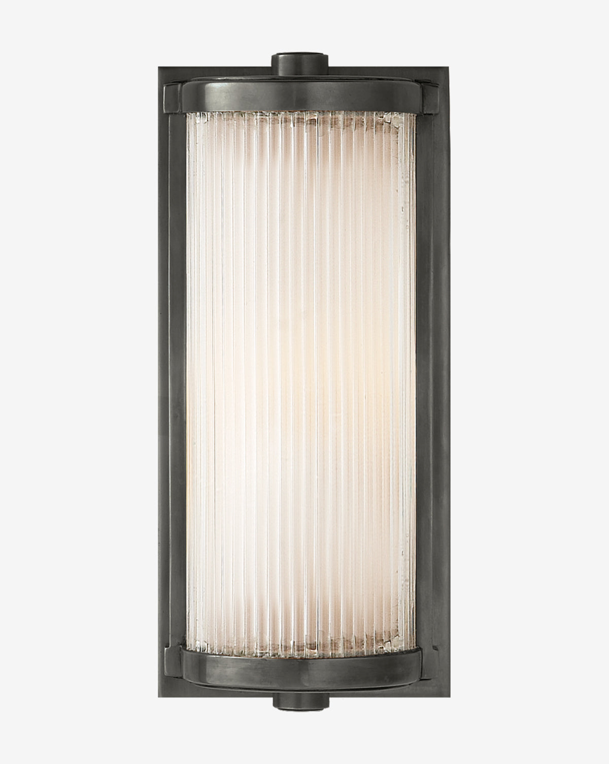 The Dresser Glass Rod Light by Visual Comfort & Co. Signature is a rectangular wall sconce with a black metal frame and fluted frosted glass, diffusing soft light for a bold industrial-modern look. McGee & Co.