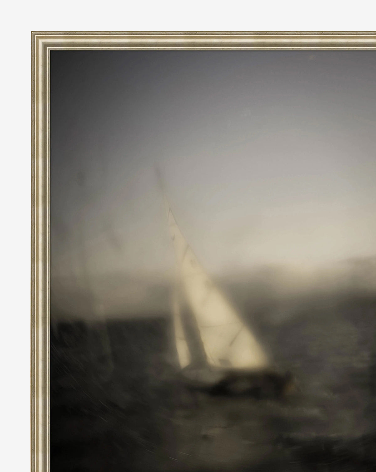 Drifting Sails by Susan Currie features a sailboat with a tall, white sail in a soft-focus, misty setting. This abstract wall art is elegantly accented by a light-colored border for a serene, sophisticated look, by McGee & Co.
