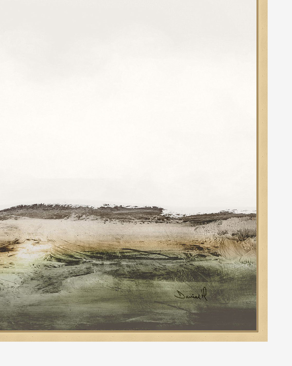 Drylands is an abstract landscape painting in earthy pastels of green, brown, and gray, depicting grassy fields and distant hills under a cloudy sky. It comes framed in champagne wood with a signature at the bottom right.