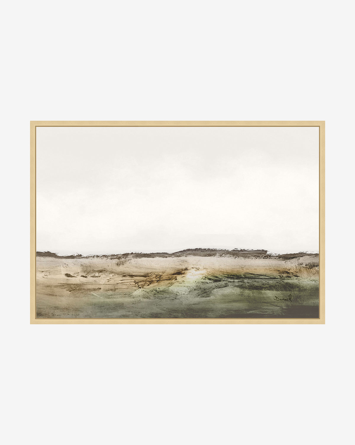 Introducing Drylands—a framed abstract landscape art piece featuring earthy green, brown, and beige pastels that capture a vast land beneath a pale sky, elegantly presented in a champagne wood frame.