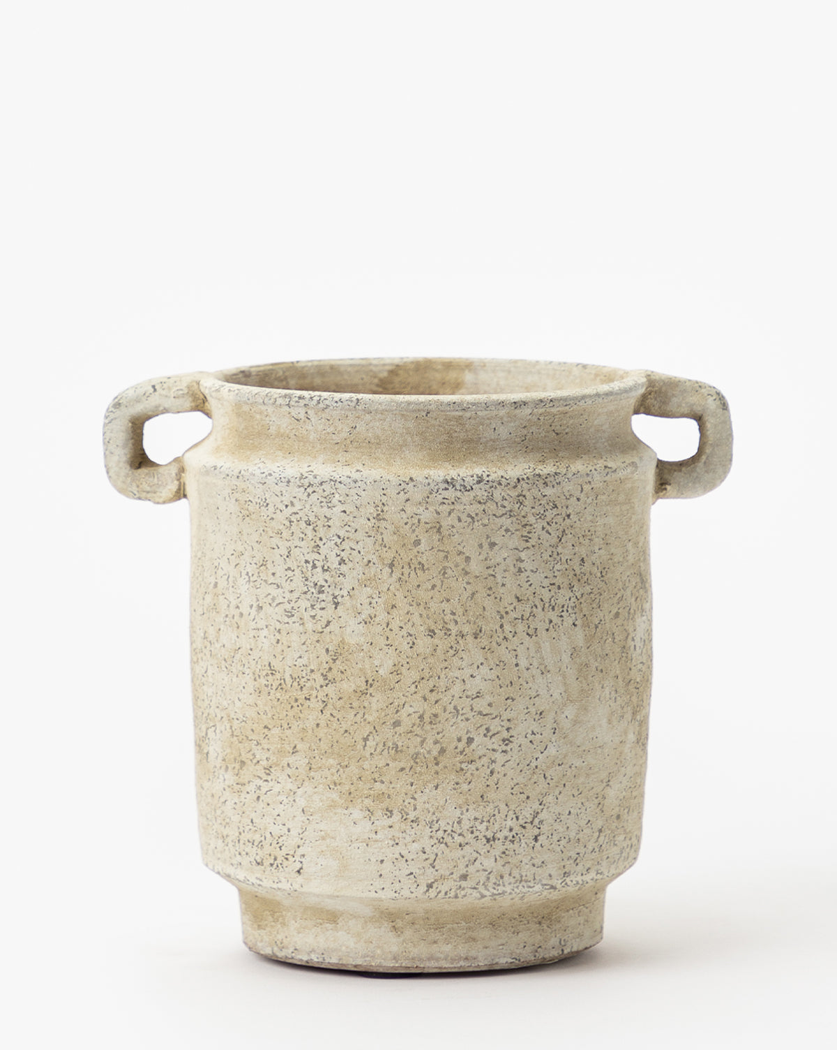 The Dual Handled Vase features a textured beige finish, cylindrical shape, and slightly flared rim, displayed against a plain white background.