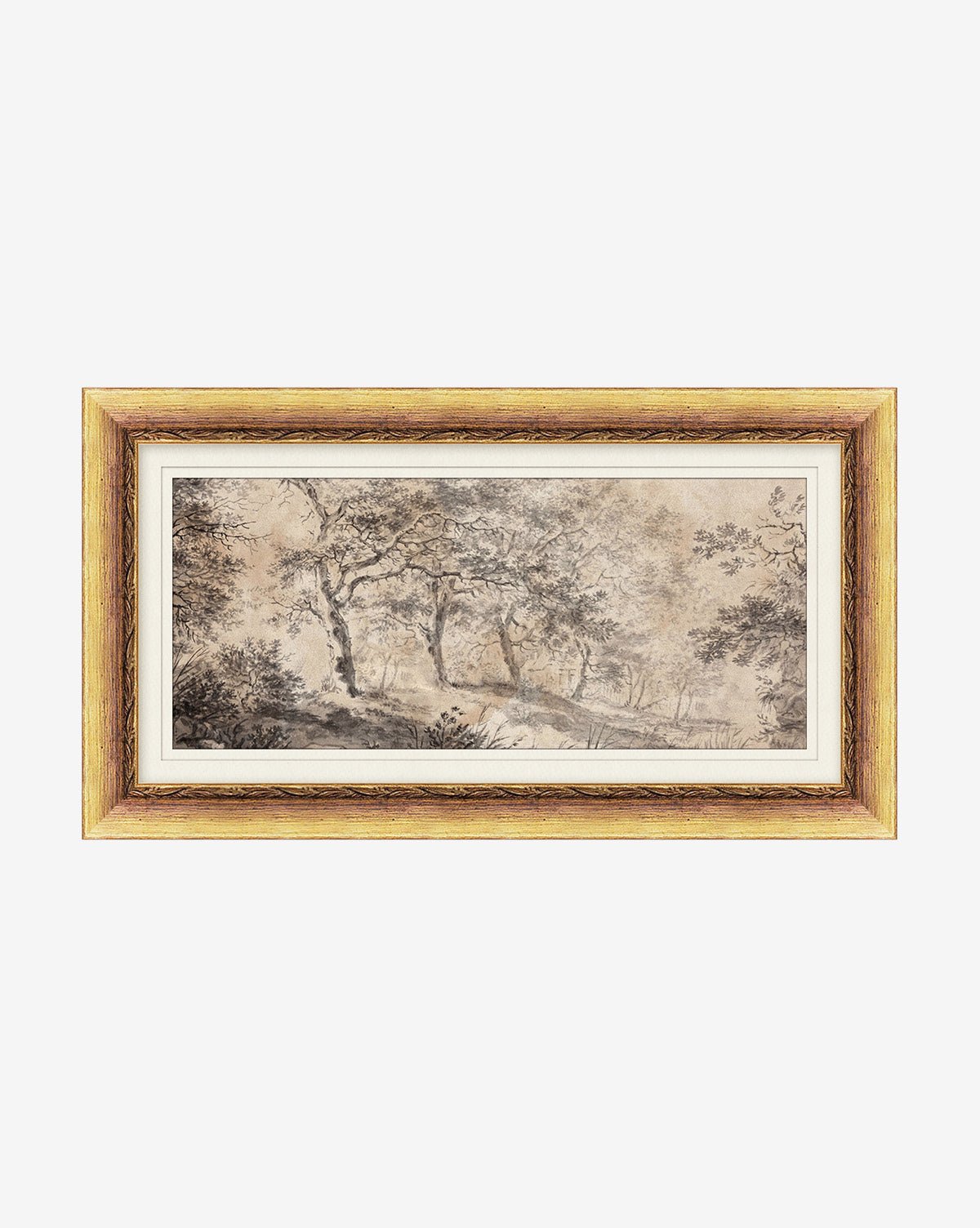 Dutch Landscape Study: a framed giclee print in black and white, showcasing detailed trees and foliage. Presented with a white mat and antique gold frame for a classic touch.