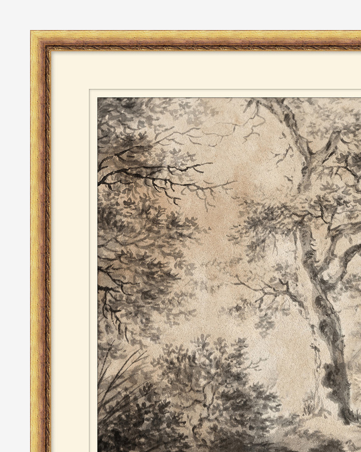 Dutch Landscape Study: a black and white landscape print depicting trees with detailed branches, set on a light background. Features a wooden frame in antique gold and double beige mat.