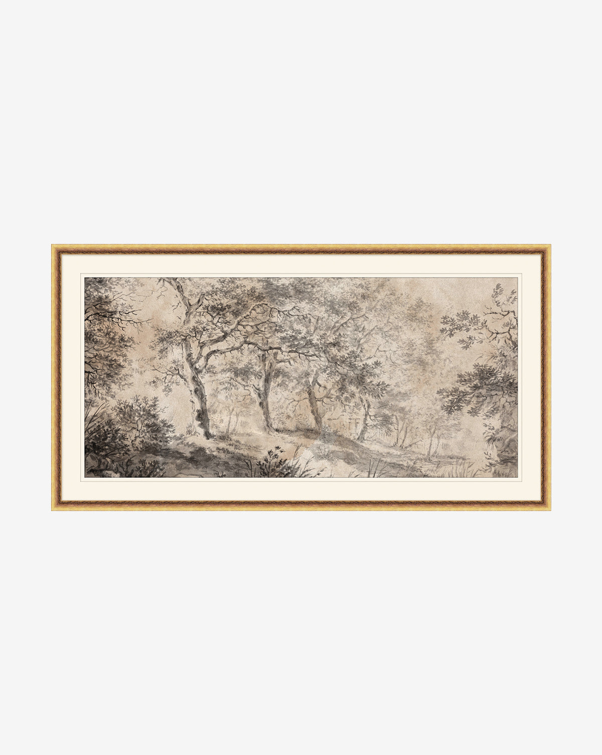 Dutch Landscape Study: a framed, sepia-toned artwork showcasing detailed trees and foliage with a misty background, finished with an antique gold frame for timeless style.