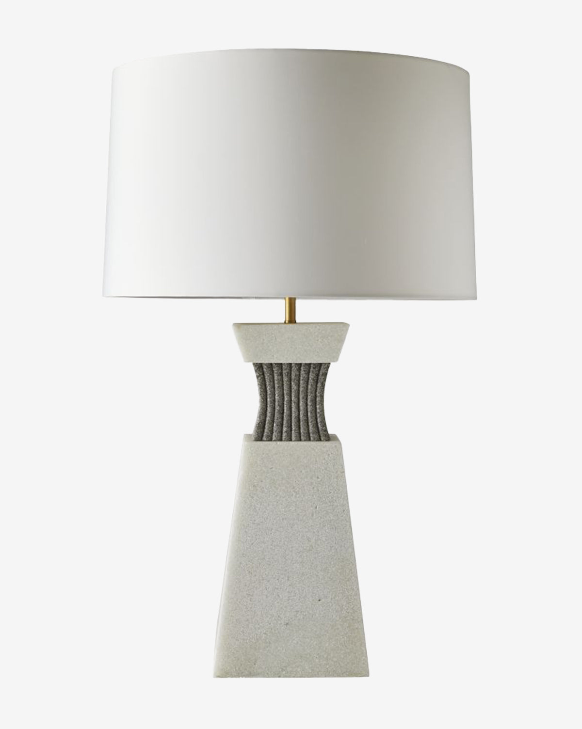 The Arteriors Dynasty Table Lamp showcases a wide white cylindrical shade and a sculptural geometric stone base, offering sophisticated lighting with modern style by McGee & Co.