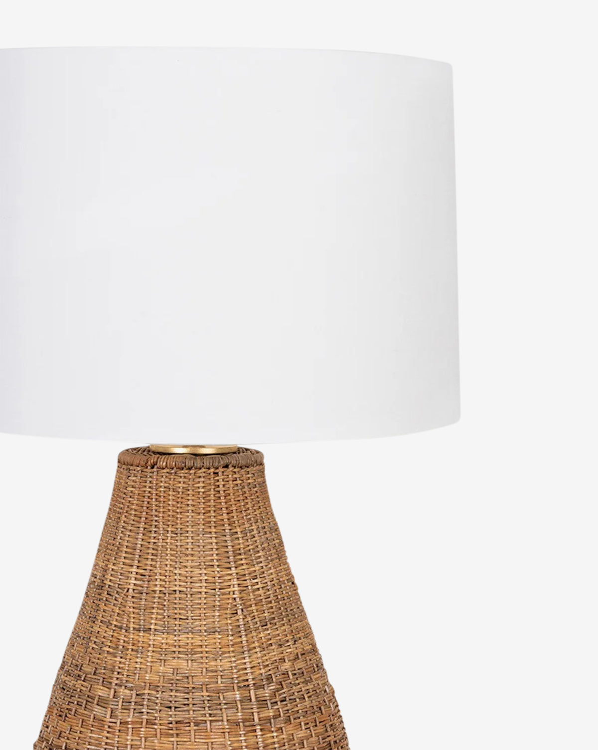 The Eastbridge Abaca Table Lamp features a woven rattan base and a large, plain white linen shade, displayed against a white background, by McGee & Co.