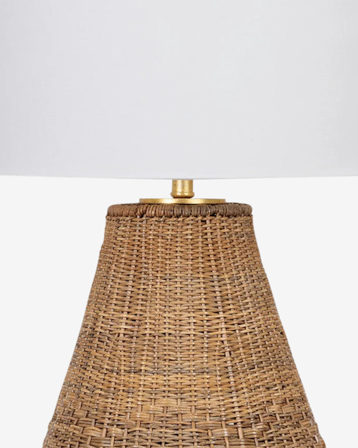 A close-up of the Eastbridge Abaca Table Lamp, featuring a woven rattan base and a plain white lampshade, set against a white background, by McGee & Co.