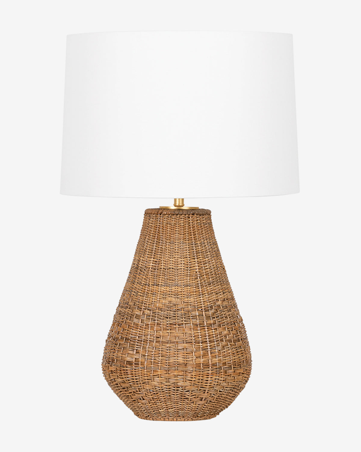 The Eastbridge Abaca Table Lamp by Hudson Valley Lighting features a woven rattan base in natural brown and a large white linen shade, creating a warm, inviting ambiance. McGee & Co.