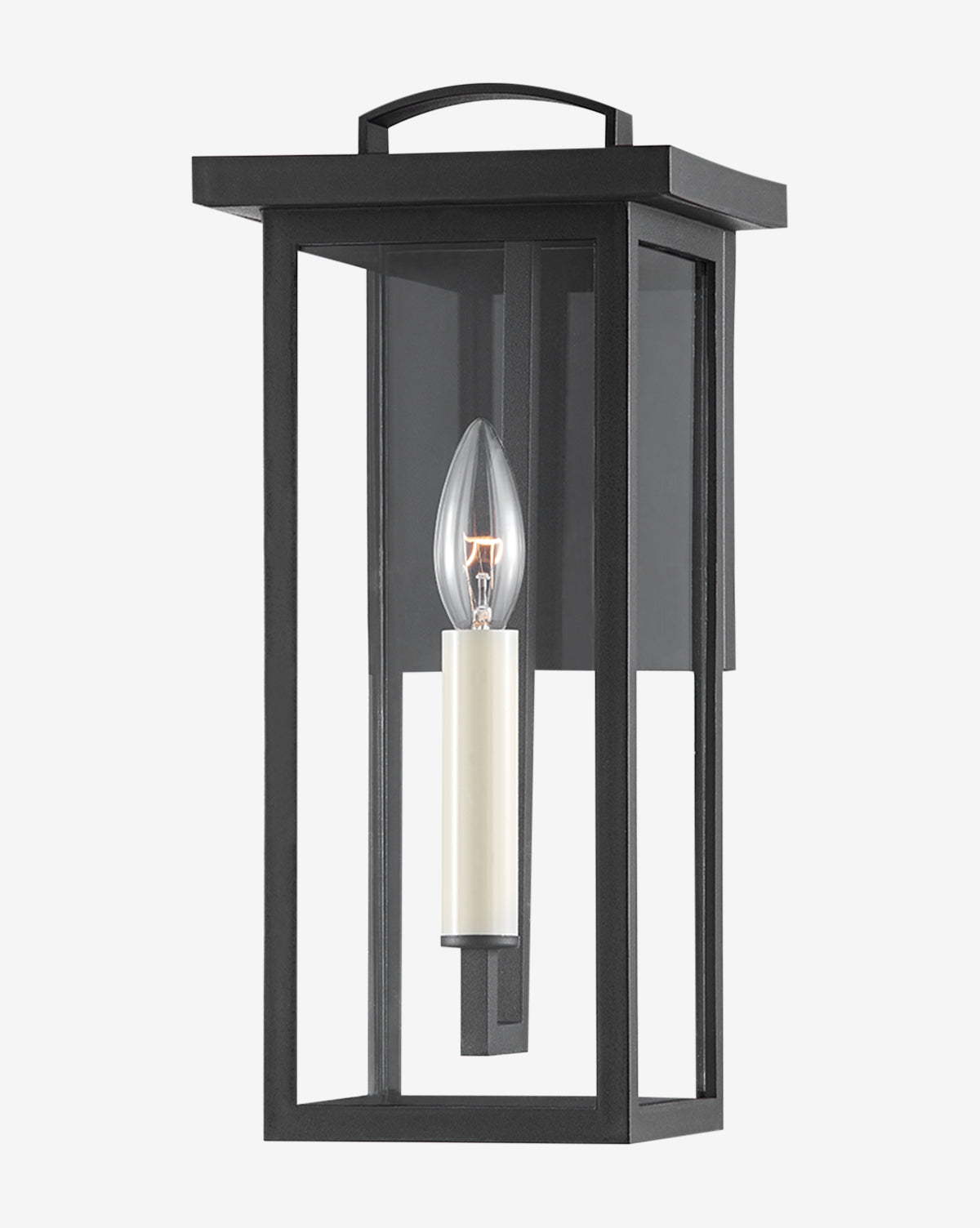 The Eden Wall Sconce by Troy Lighting is a modern black outdoor lantern with a rectangular cage frame, clear glass panels, and a central candle-style bulb by McGee & Co.