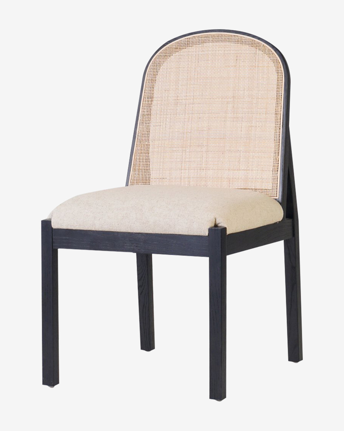 The Eira Dining Chair boasts a sleek black wood frame, curved cane back, and beige performance fabric seat, combining minimalist elegance with modern comfort, by McGee & Co.