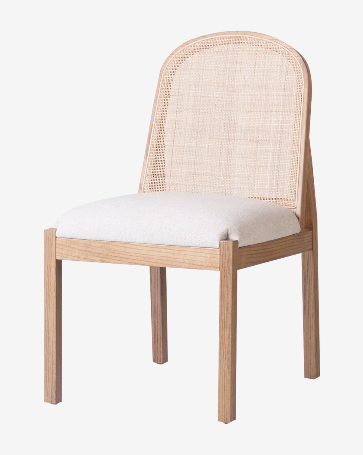 The Eira Dining Chair boasts a cane seat back, cushioned performance fabric seat, and light wood frame and legs, creating a modern minimalist look by McGee & Co.