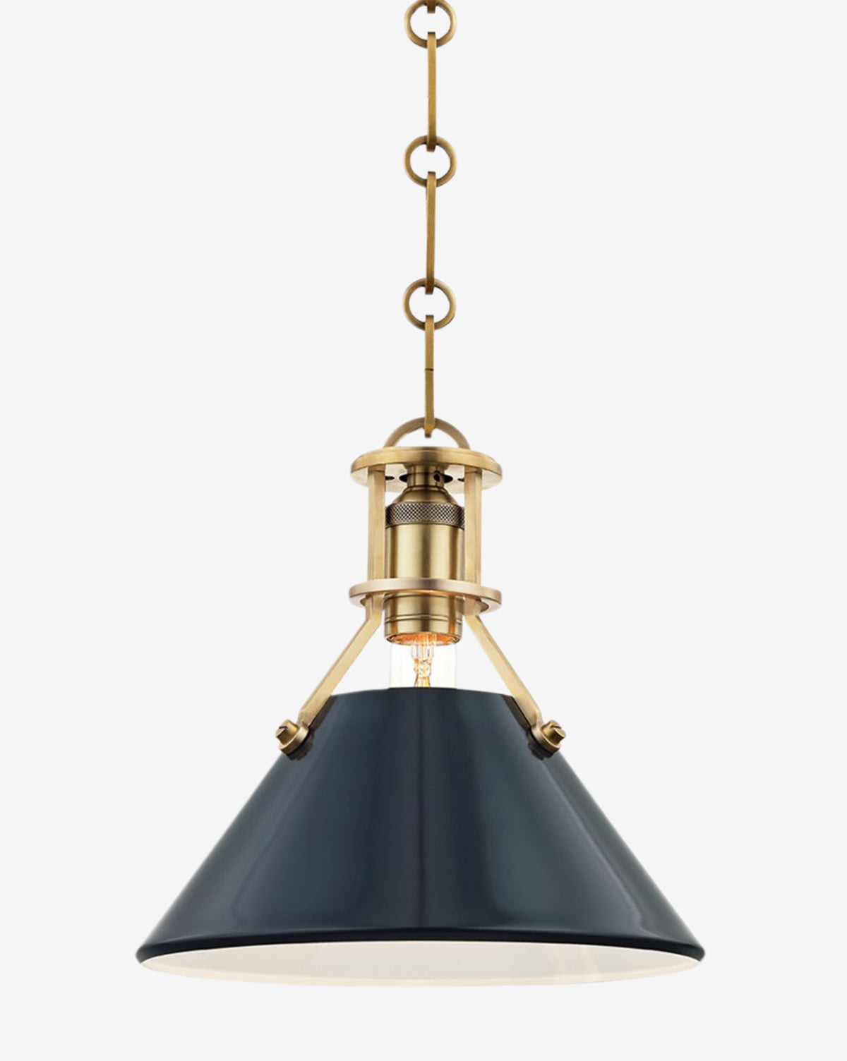 The Elbridge Pendant is an industrial lighting piece with a gold metal fixture and dark blue cone-shaped shade, suspended from a gold chain against a plain white background by McGee & Co.