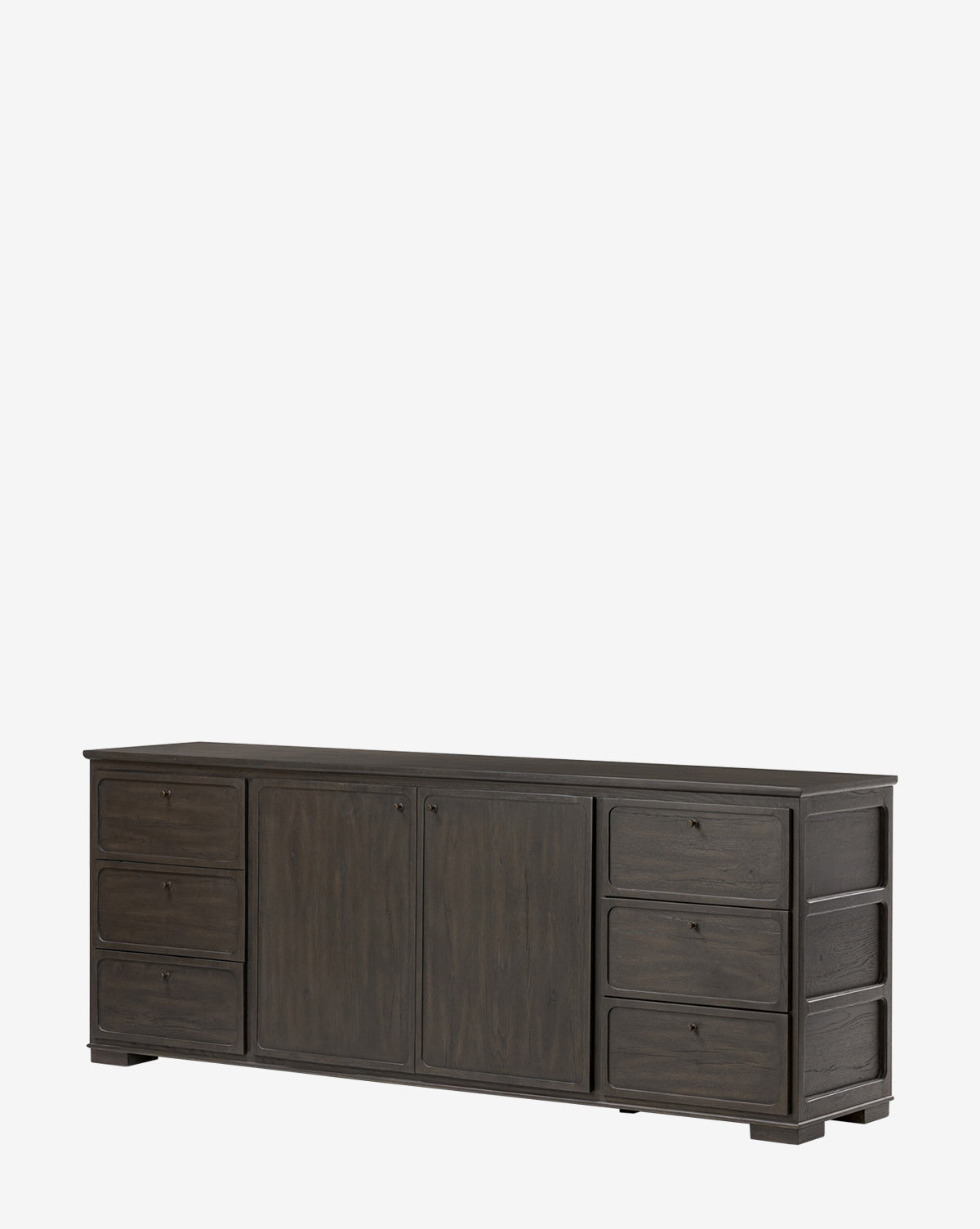 The Eldoria Oak Sideboard is a black oak piece with two central cabinet doors and six drawers featuring round knobs. Its rectangular form and clean, minimalist design make it an ideal choice for modern decor, by McGee & Co.