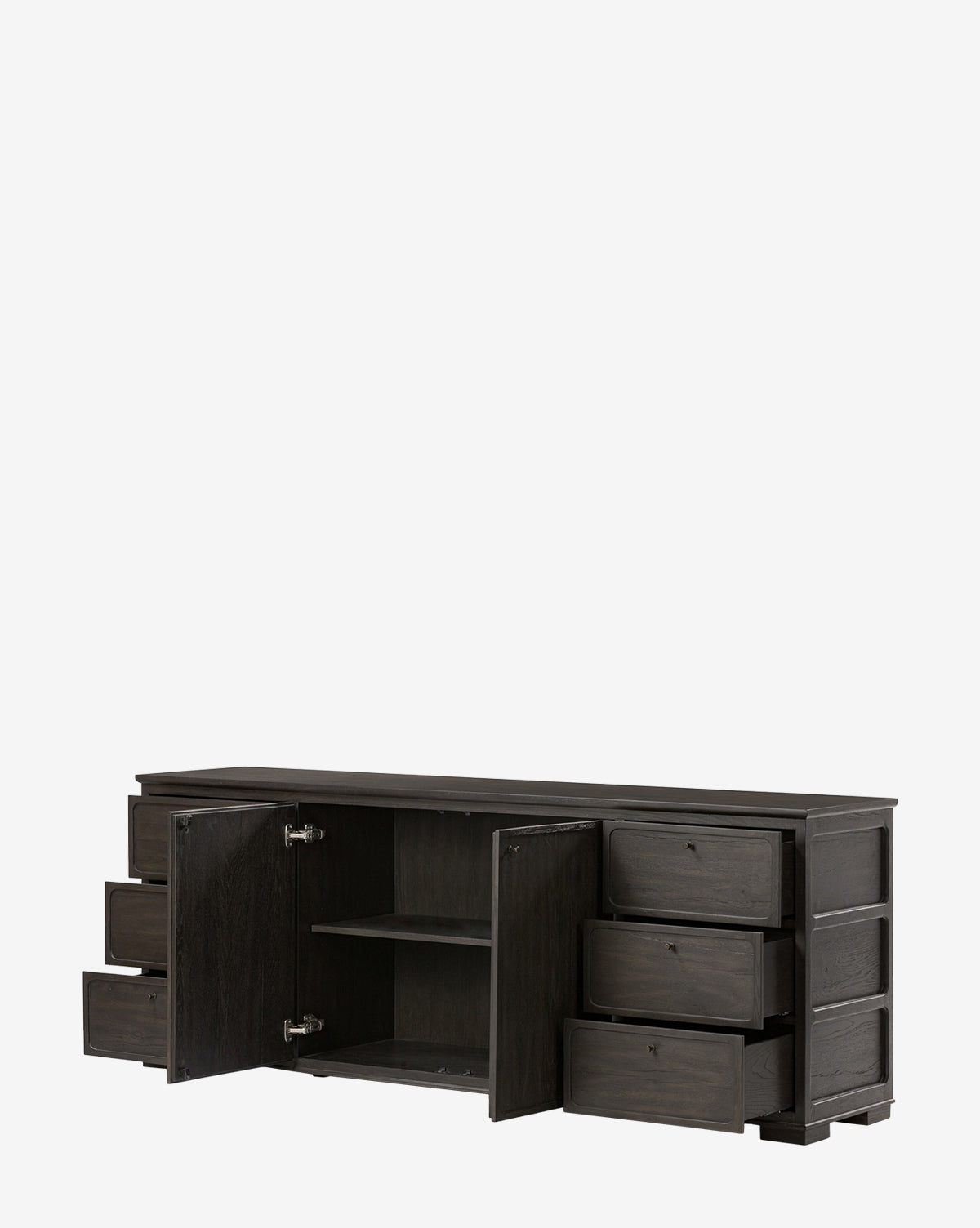 The Eldoria Oak Sideboard, finished in dark oak, features four drawers on each side and two central cabinet doors with interior shelving, displaying modern deco style against a plain white background, by McGee & Co.