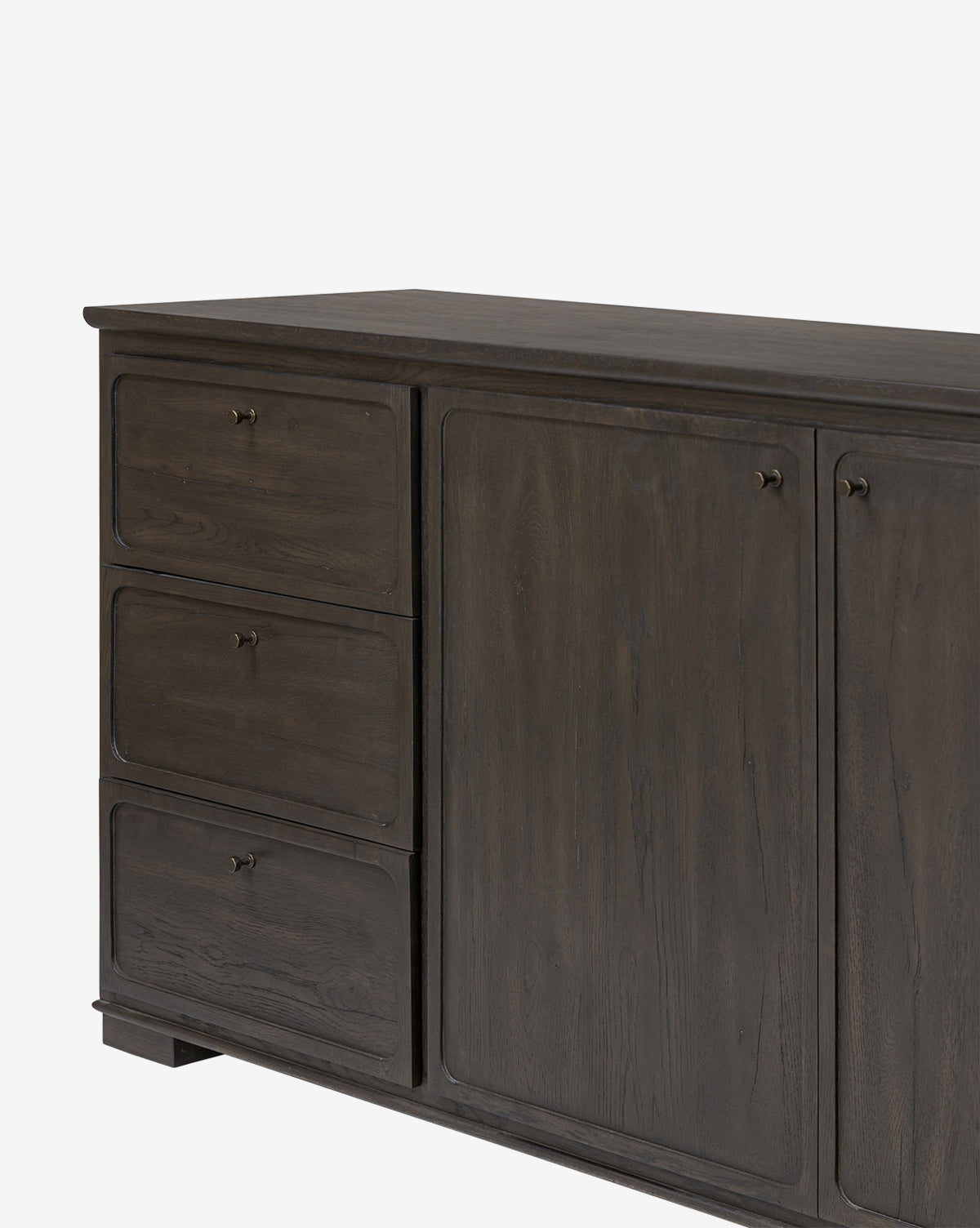 The Eldoria Oak Sideboard features a dark wood finish with three left-side drawers and two right cabinet doors, each with round metal knobs—an elegant modern deco piece displayed against a white background, by McGee & Co.
