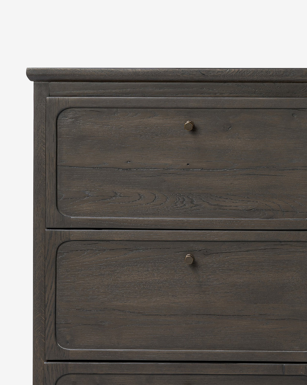 Close-up of the Eldoria Oak Sideboard’s top section in black, highlighting two drawers with round metal knobs and accentuating its refined modern deco style against a plain white background, by McGee & Co.