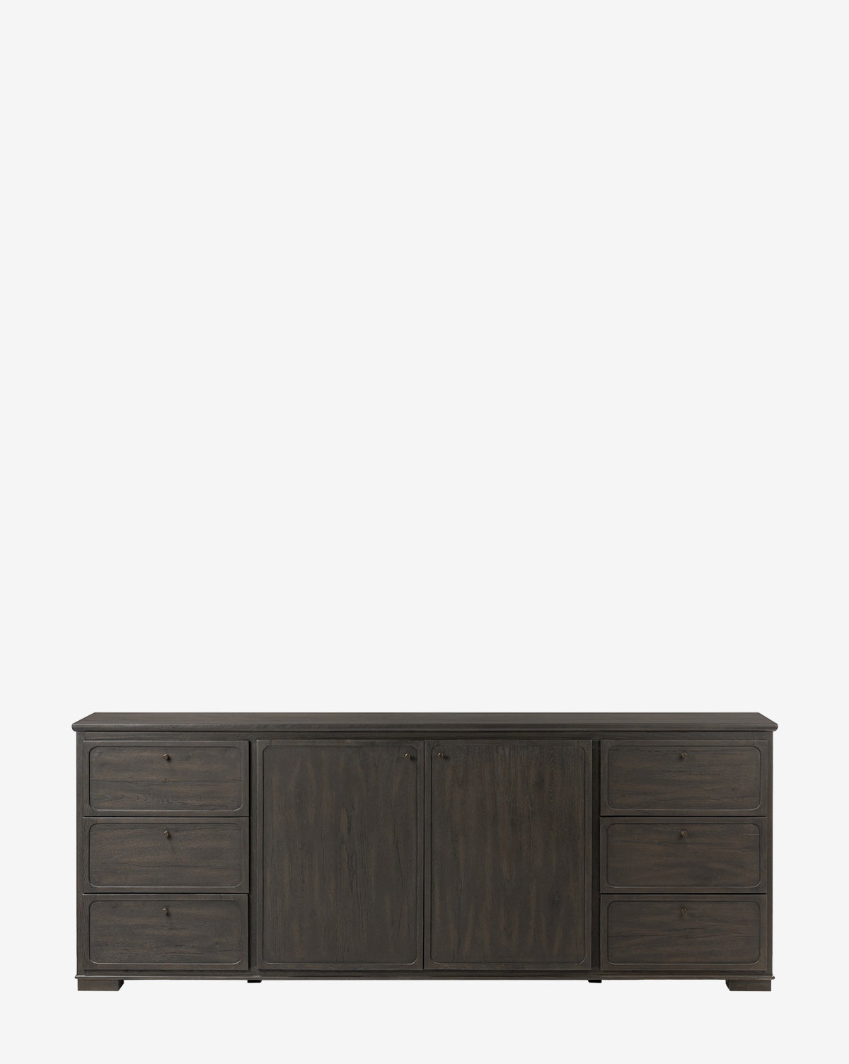 The Eldoria Oak Sideboard features a sleek black oak finish, six drawers (three per side), and two central cabinet doors. Set against a white background, it’s ideal for fans of modern deco furniture by McGee & Co.