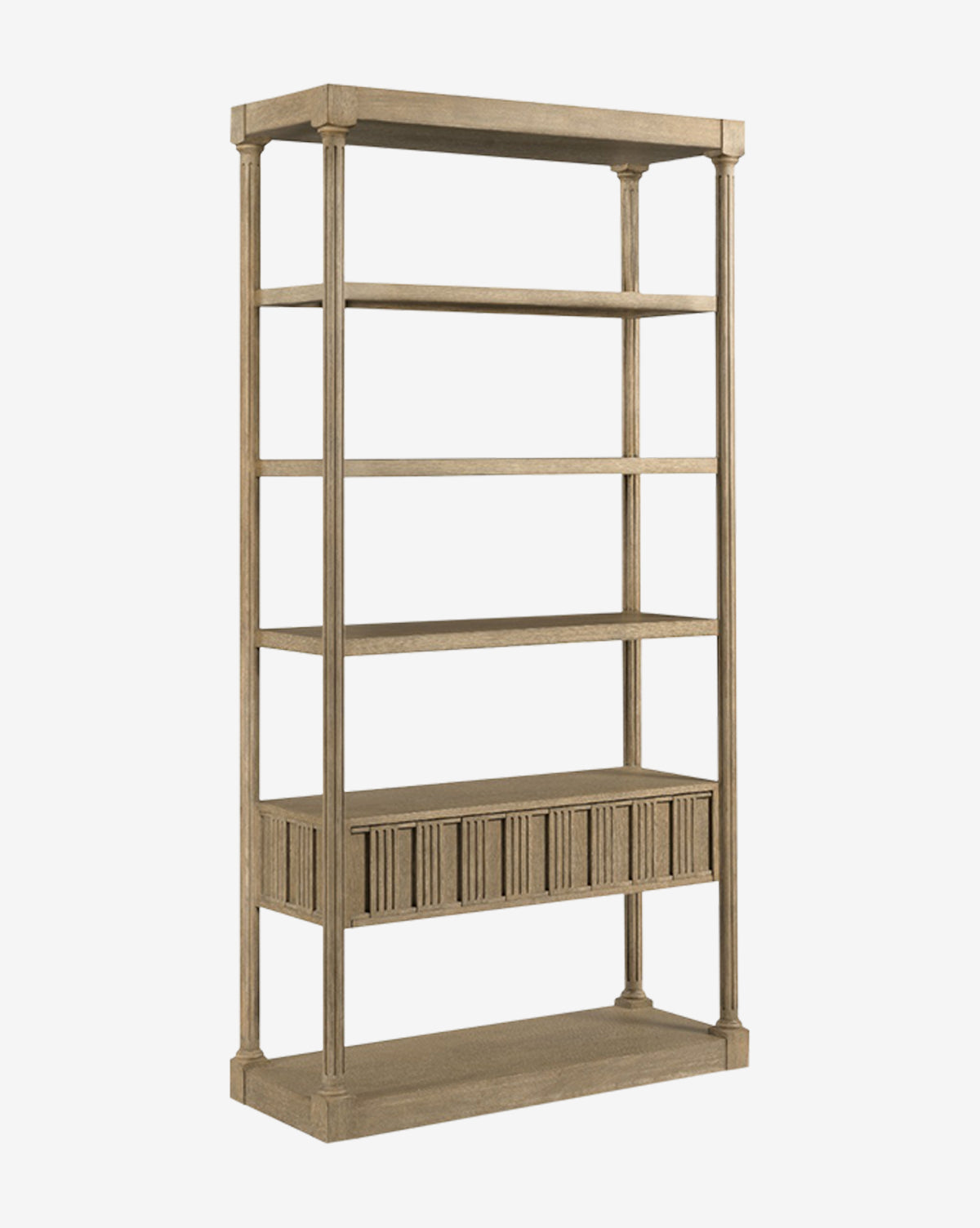 The Elena Bookcase features four open shelves, a bottom cabinet with vertical grooves, and is crafted from hardwood solids and oak veneer in a natural finish for a modern look, by McGee & Co.