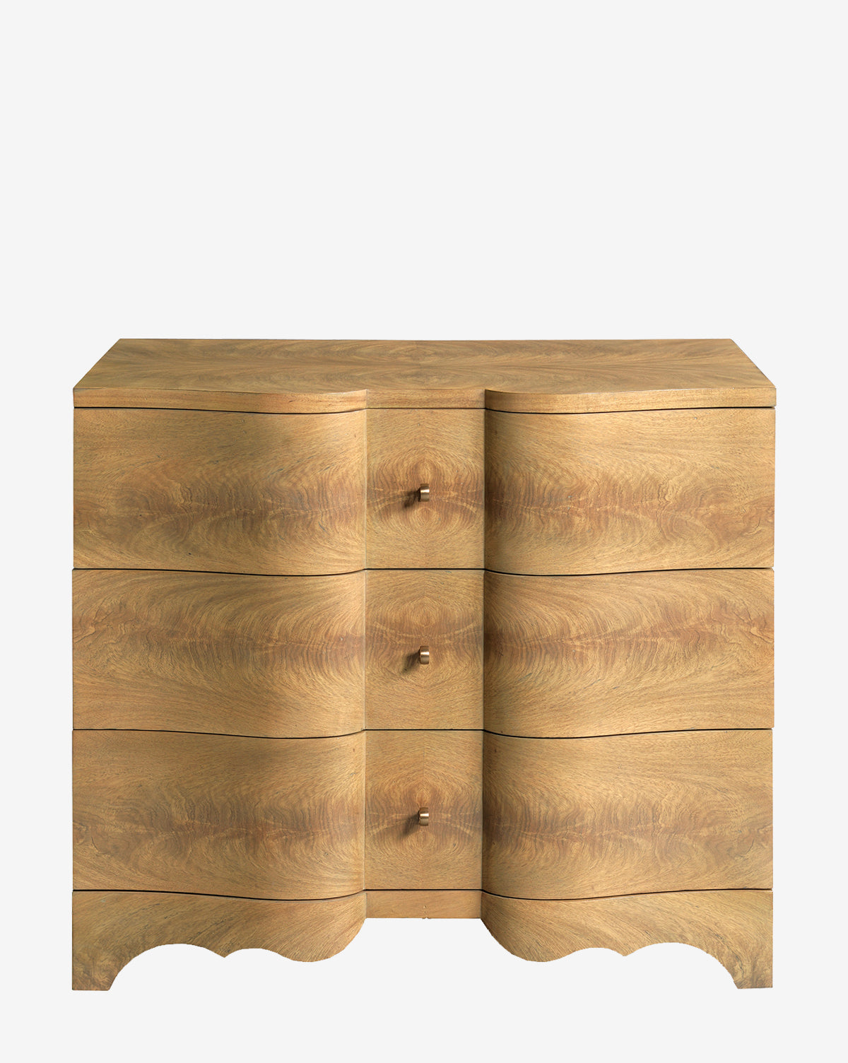 The Eliasson Chest is a wooden dresser with three drawers, showing natural wood grain and gently curved lines. Ideal for bedroom storage, it features round knobs and a wavy base for a modern antique look, by McGee & Co.