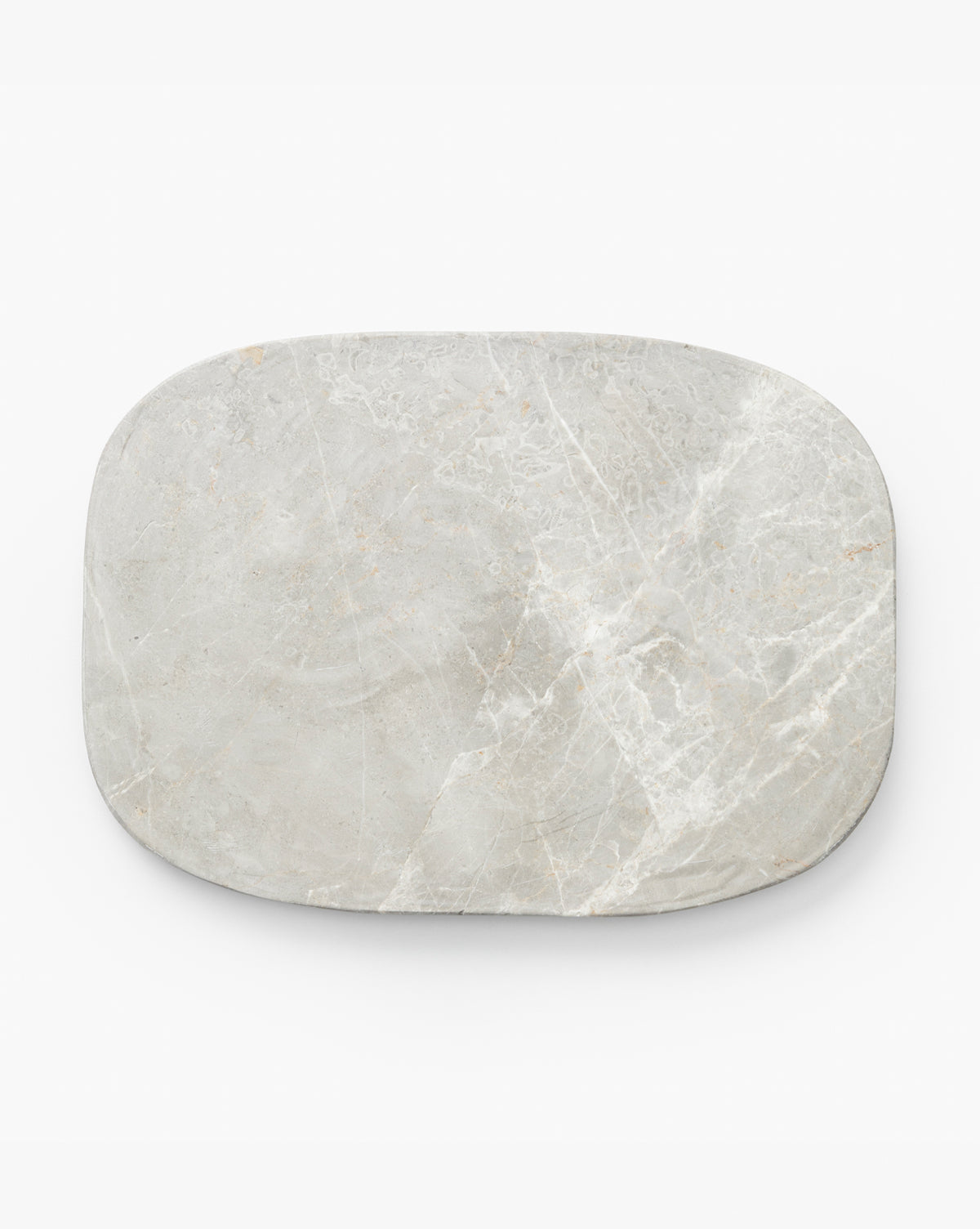 The Eliza Marble Tray is a rectangular tray with rounded corners, crafted from light gray marble featuring subtle white veining, and is shown on a white background, by McGee & Co.