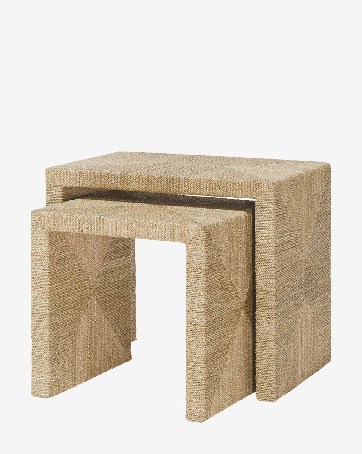 The Ellie Nesting Side Tables by Palecek showcase clean, modern lines and a geometric side pattern. Crafted with a natural woven lampakanai rope finish, these minimal tables nest for versatile, stylish storage. McGee & Co.