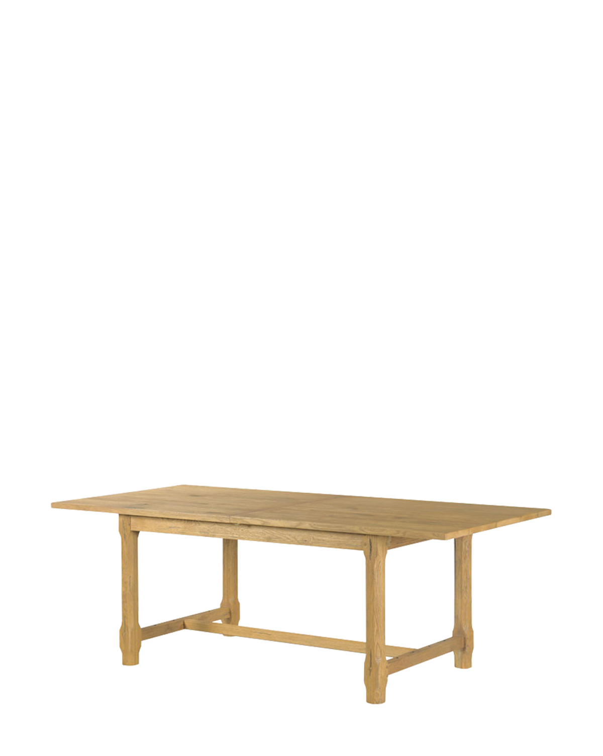 The Elliot Extension Dining Table features a natural finish, sturdy legs with a horizontal support bar, and a classic design, by McGee & Co. Its expandable surface makes it perfect for gatherings of any size.