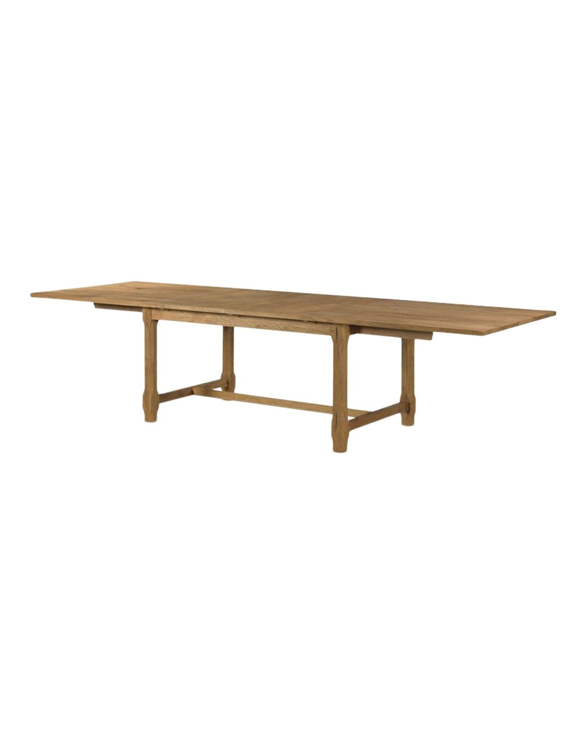 The Elliot Extension Dining Table is a long wooden table with simple, sturdy legs and a natural finish, ideal for gatherings. It features an expandable design to seat more guests as needed, by McGee & Co.