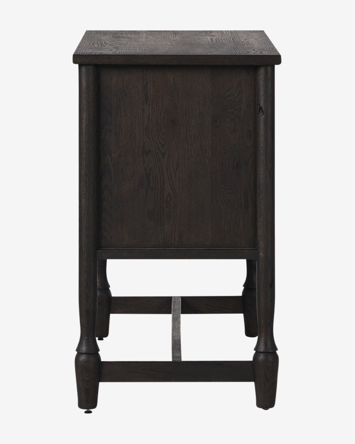 A dark wooden side table with straight legs, a rectangular top, and a lower crossbar, featuring a rich textured finish similar to the cracked smoked black veneer of the Elmer Sideboard, by McGee & Co.