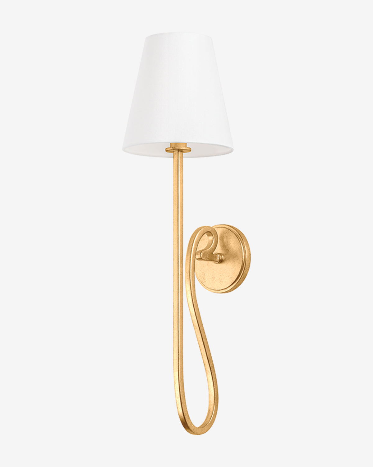 The Elmhurst Sconce by Hudson Valley Lighting showcases a gold-finished structure with a curved, looping stem, round base, and is topped with a simple white linen shade for an elegant look. McGee & Co.