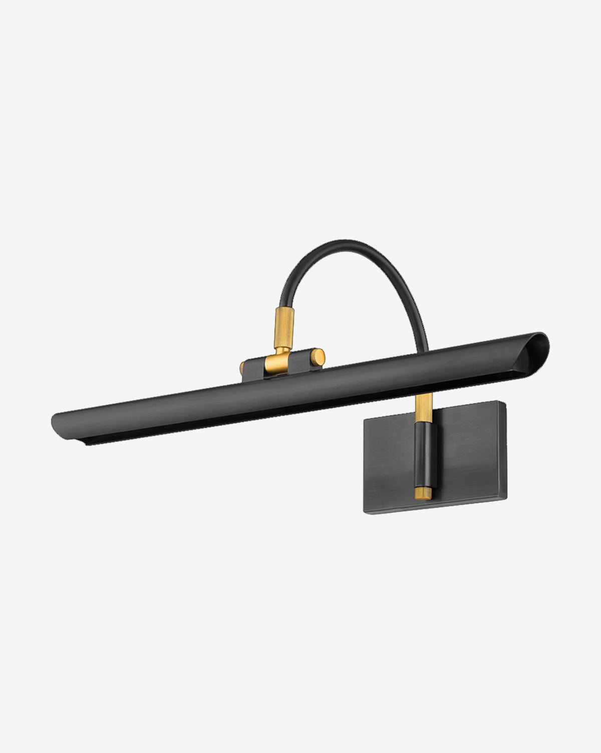 Certainly! Here’s your revised sentence with the exact string McGee & Co. blended into the end: The Elowyn Picture Light by Hudson Valley Lighting features a modern black and gold finish, rectangular base, curved arm, and sleek horizontal lamp—adding elegant illumination and stylish flair to artwork or photos, exclusively at McGee & Co.