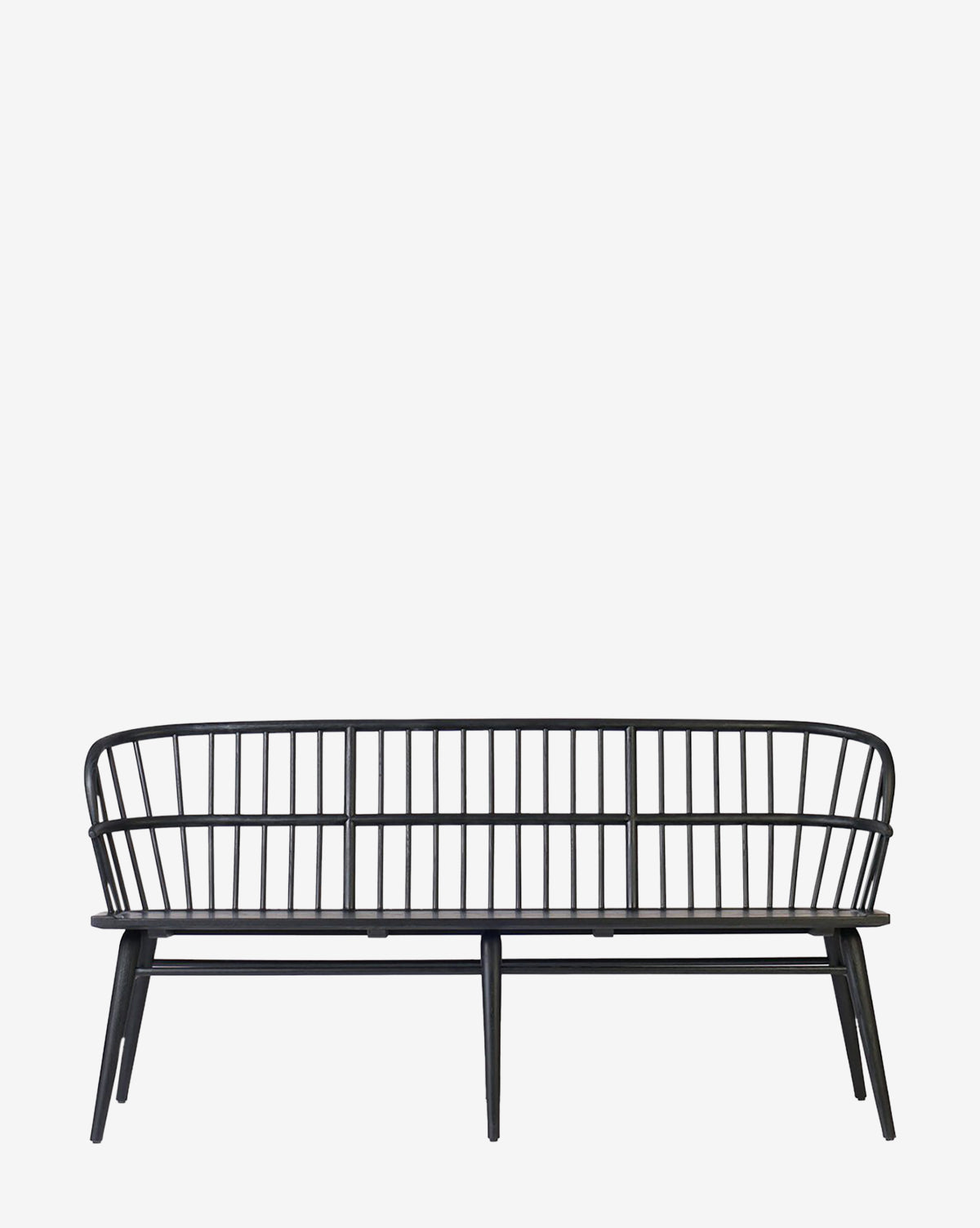 The Elysia Bench is a modern seat with a solid ash frame, black wood construction, a high rounded backrest with vertical slats, and angled legs in a minimalist design, by McGee & Co.