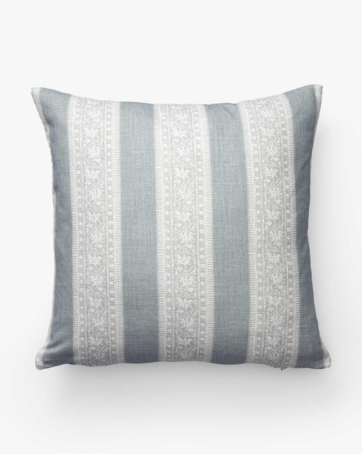 The Ember Pillow Cover features alternating vertical stripes in light gray and soft blue, detailed with white floral and geometric patterns. Made from 100% cotton for a clean, minimalist, luxurious look. Displayed on a white background by McGee & Co.
