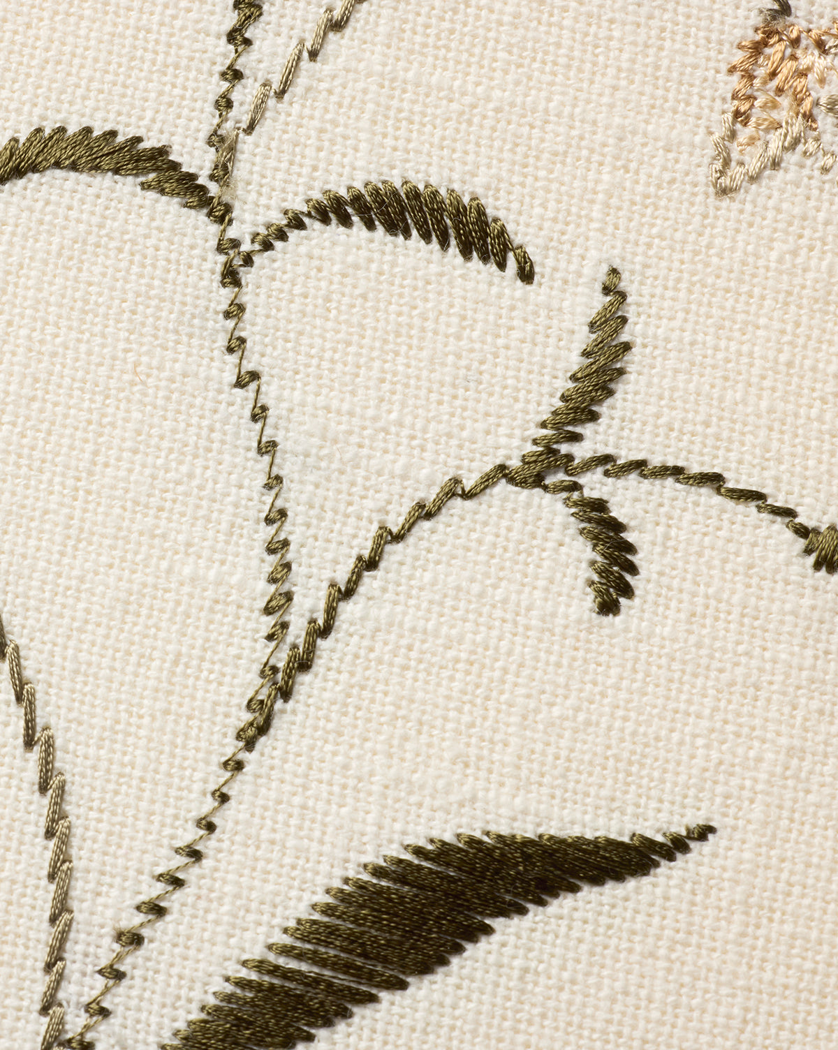 Close-up of Embroidered Pixie Flowers wall decor showcasing green leafy embroidery on cream cotton. Lustrous threads add texture and refinement to this elegant piece of botanical wall art, by McGee & Co.