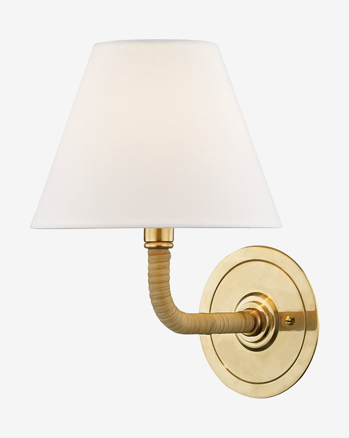 The Emmi Wall Sconce by Hudson Valley Lighting features a circular base with brass accents, a curved arm wrapped in textured material, and a crisp white linen cone shade by McGee & Co.
