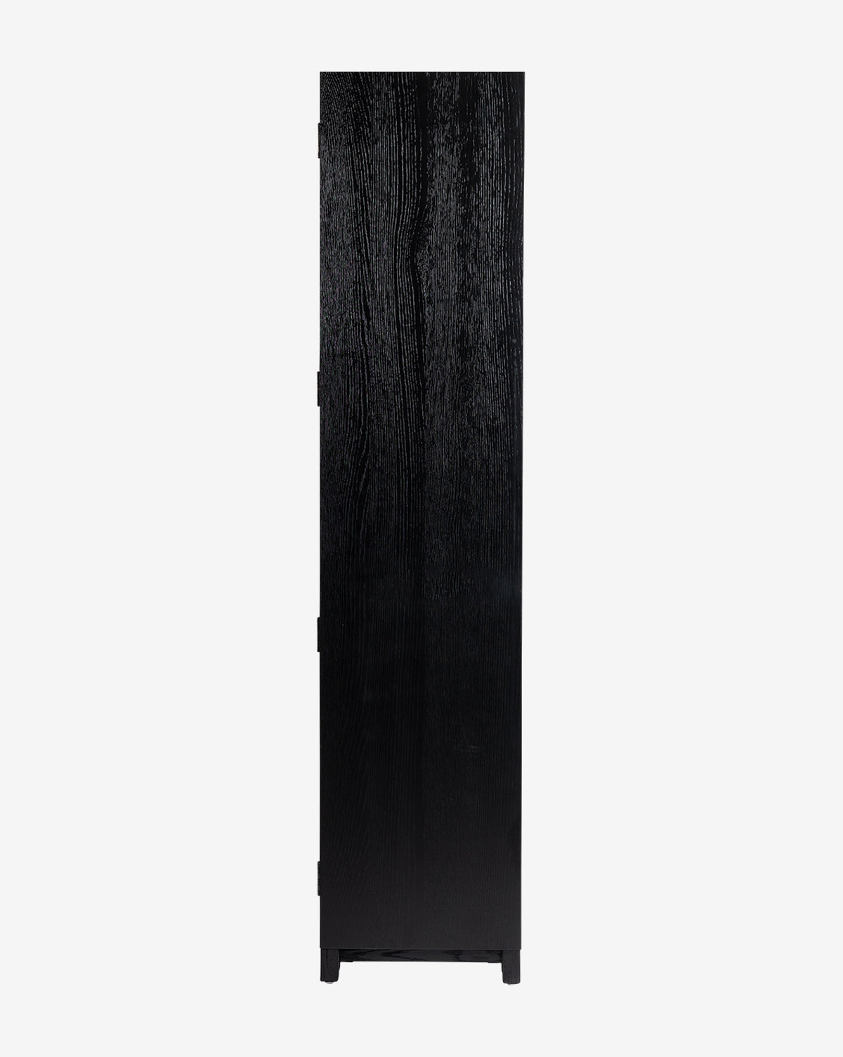 The Emrys Cabinet, shown in black wood with a tall, rectangular shape and textured grain shelving, is pictured from the side against a plain white background by McGee & Co.
