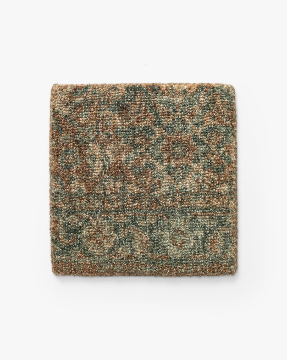 The Endicott Hand-Tufted Rug Swatch features a rectangular, textured design with vintage-inspired patterns in muted earthy tones of brown, green, and beige, displayed on a white background, by McGee & Co.