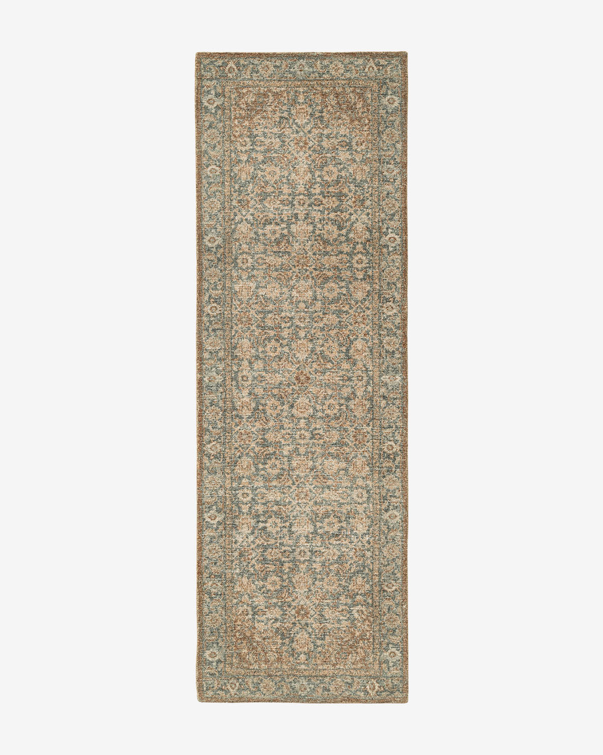 The Endicott Hand-Tufted Wool Rug features an intricate vintage floral pattern in muted beige, blue, and gray with a decorative border, bringing timeless elegance to any space, by McGee & Co.
