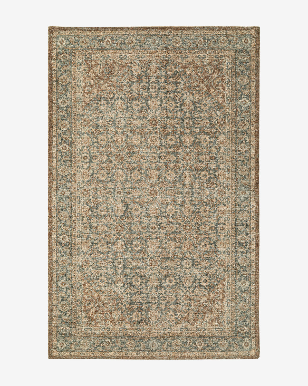 The Endicott Hand-Tufted Wool Rug features a vintage-inspired design with intricate floral and geometric patterns in muted blue, beige, and brown tones, accented by a decorative border, by McGee & Co.
