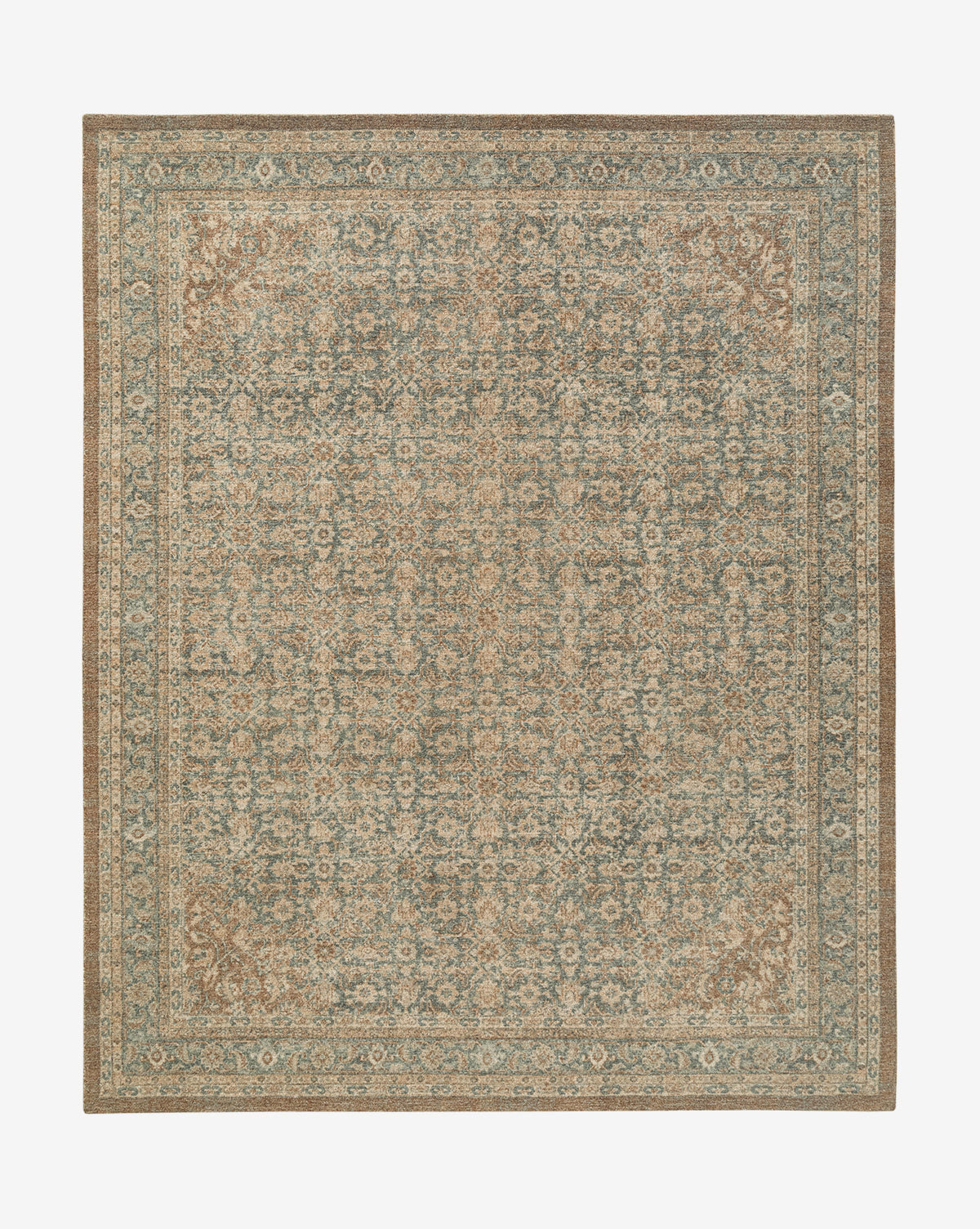 The Endicott Hand-Tufted Wool Rug features an intricate floral and geometric pattern in muted beige, brown, blue, and cream tones with a detailed border, offering timeless elegance in a soft vintage-inspired design, by McGee & Co.