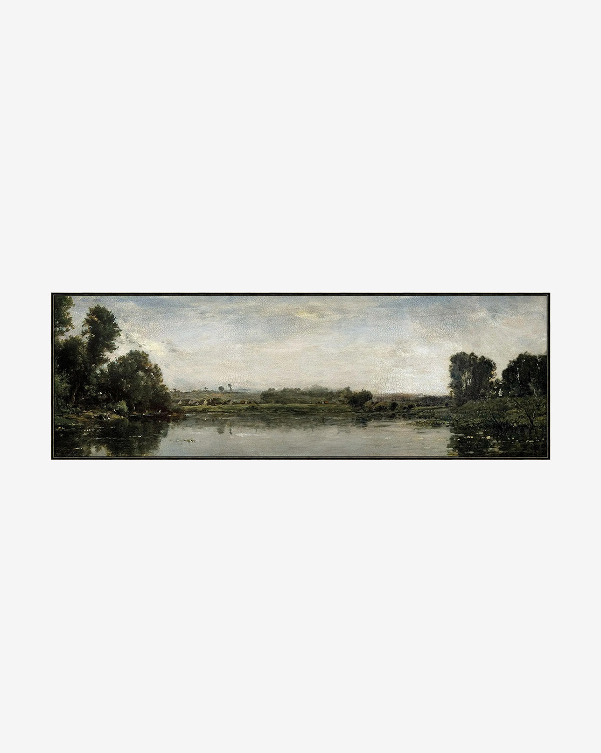 English Countryside is a gallery-wrapped canvas featuring a panoramic landscape with a calm river, tree-lined banks, an open sky, and faint buildings on the horizon, capturing serene rural charm, by McGee & Co.
